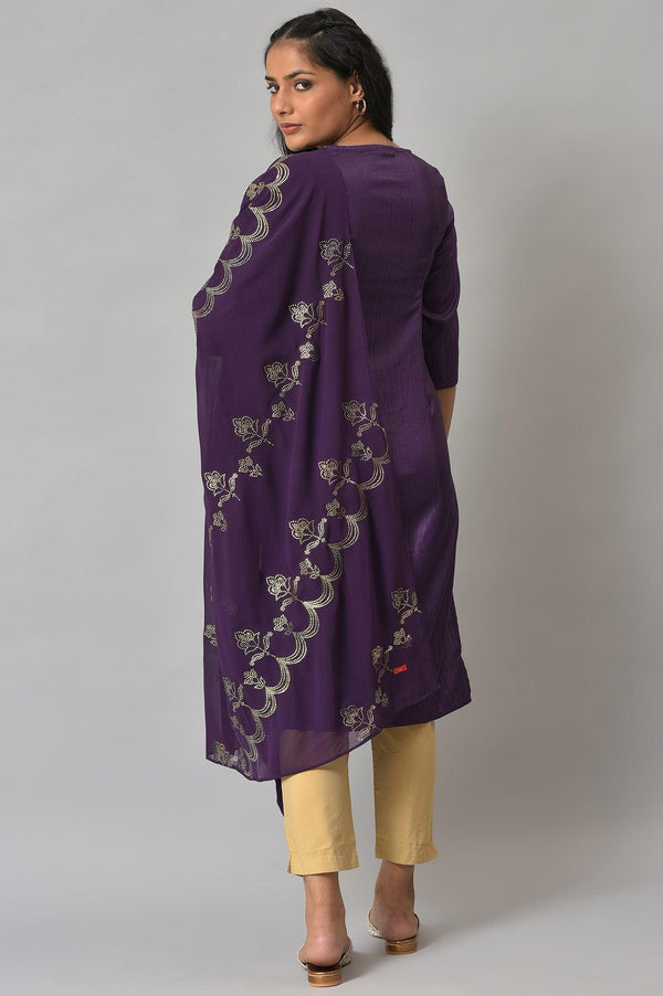 Deep Purple Embroidered Karnataka Silk Kurta, Green Slim Pants and Mukaish Dupatta Set