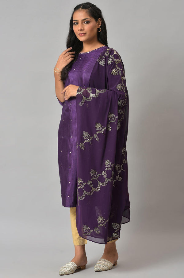 Deep Purple Embroidered Karnataka Silk Kurta, Green Slim Pants and Mukaish Dupatta Set