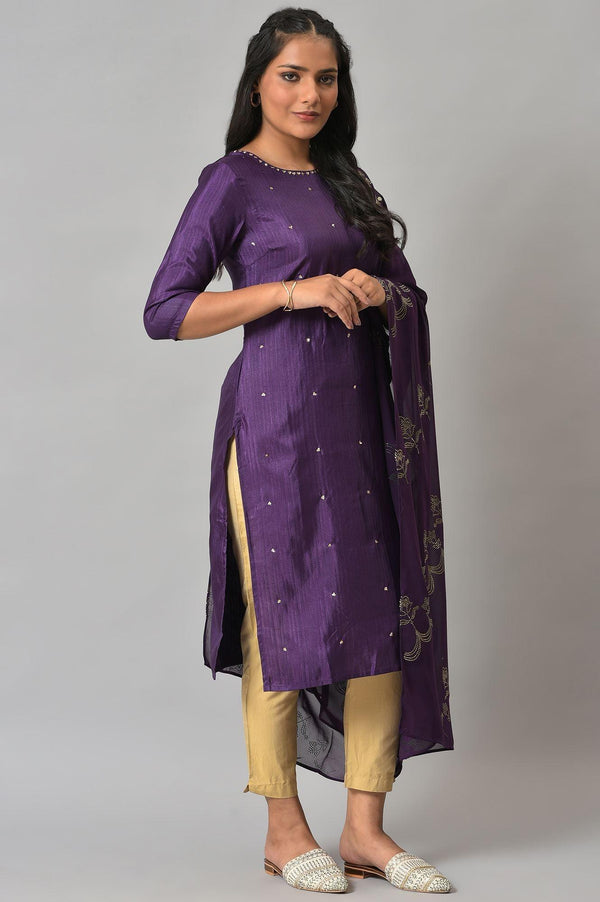 Deep Purple Embroidered Karnataka Silk Kurta, Green Slim Pants and Mukaish Dupatta Set