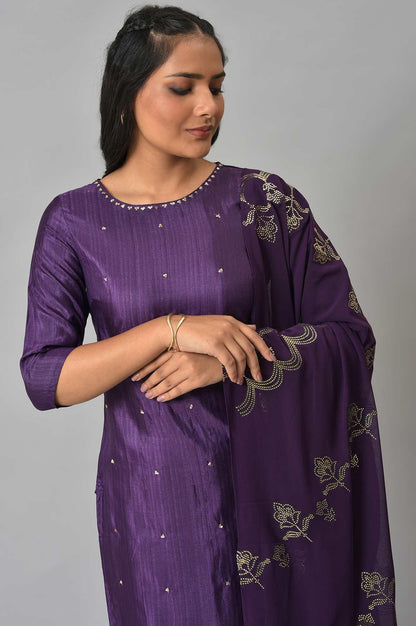 Deep Purple Karnatka Silk kurta With Green Slim Pants And Mukaish Dupatta - wforwoman
