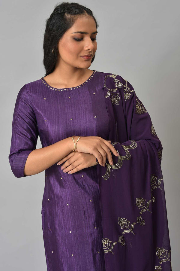 Deep Purple Embroidered Karnataka Silk Kurta, Green Slim Pants and Mukaish Dupatta Set