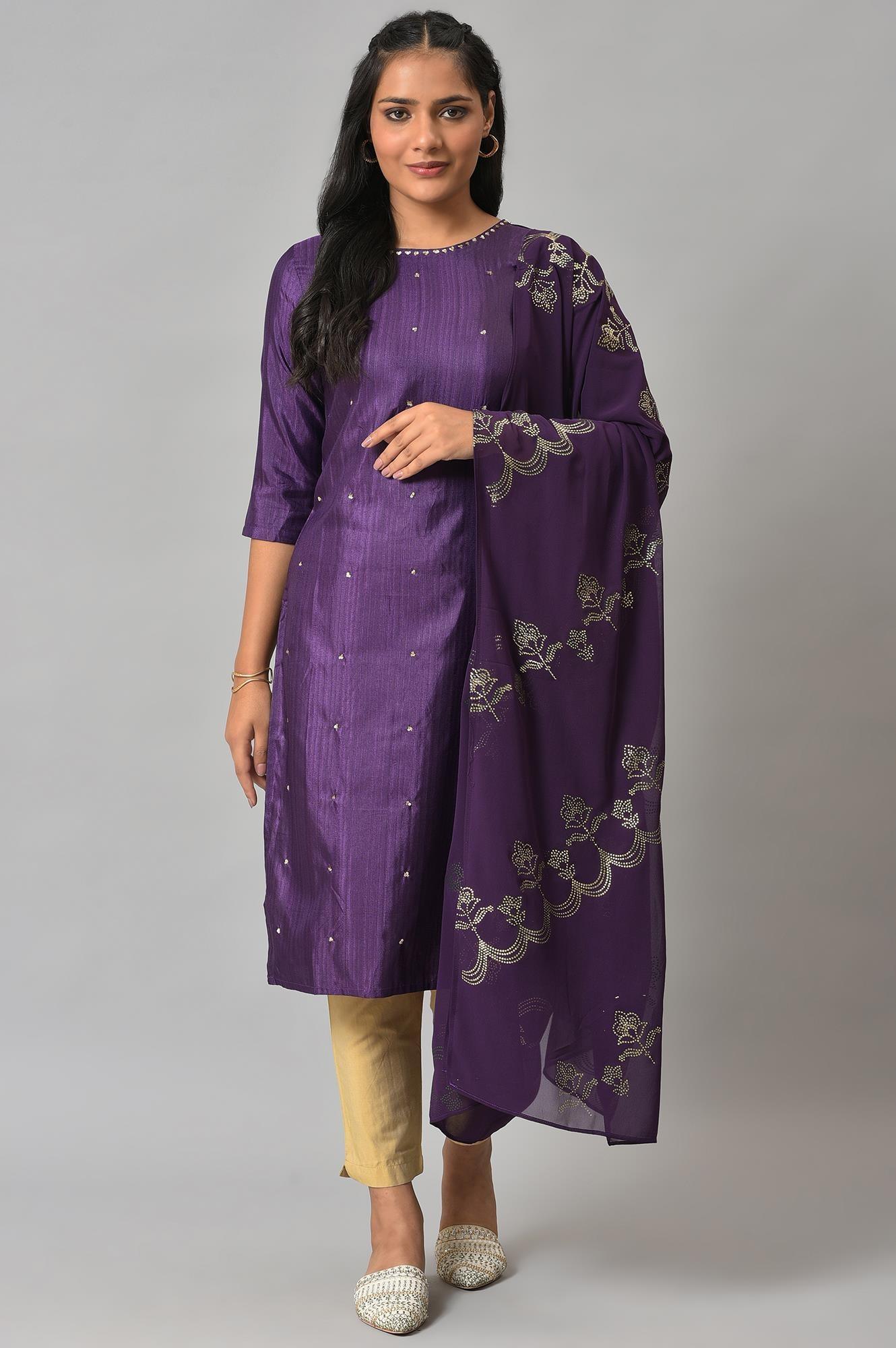 Deep Purple Karnatka Silk kurta With Green Slim Pants And Mukaish Dupatta - wforwoman