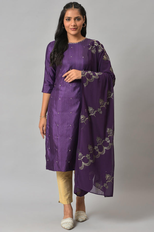 Deep Purple Embroidered Karnataka Silk Kurta, Green Slim Pants and Mukaish Dupatta Set