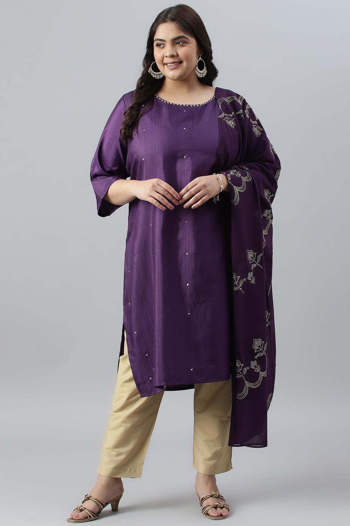 Pdeep Purple Karnatka Silk Plus Size kurta With Green Slim Pants And Mukaish Dupatta - 20