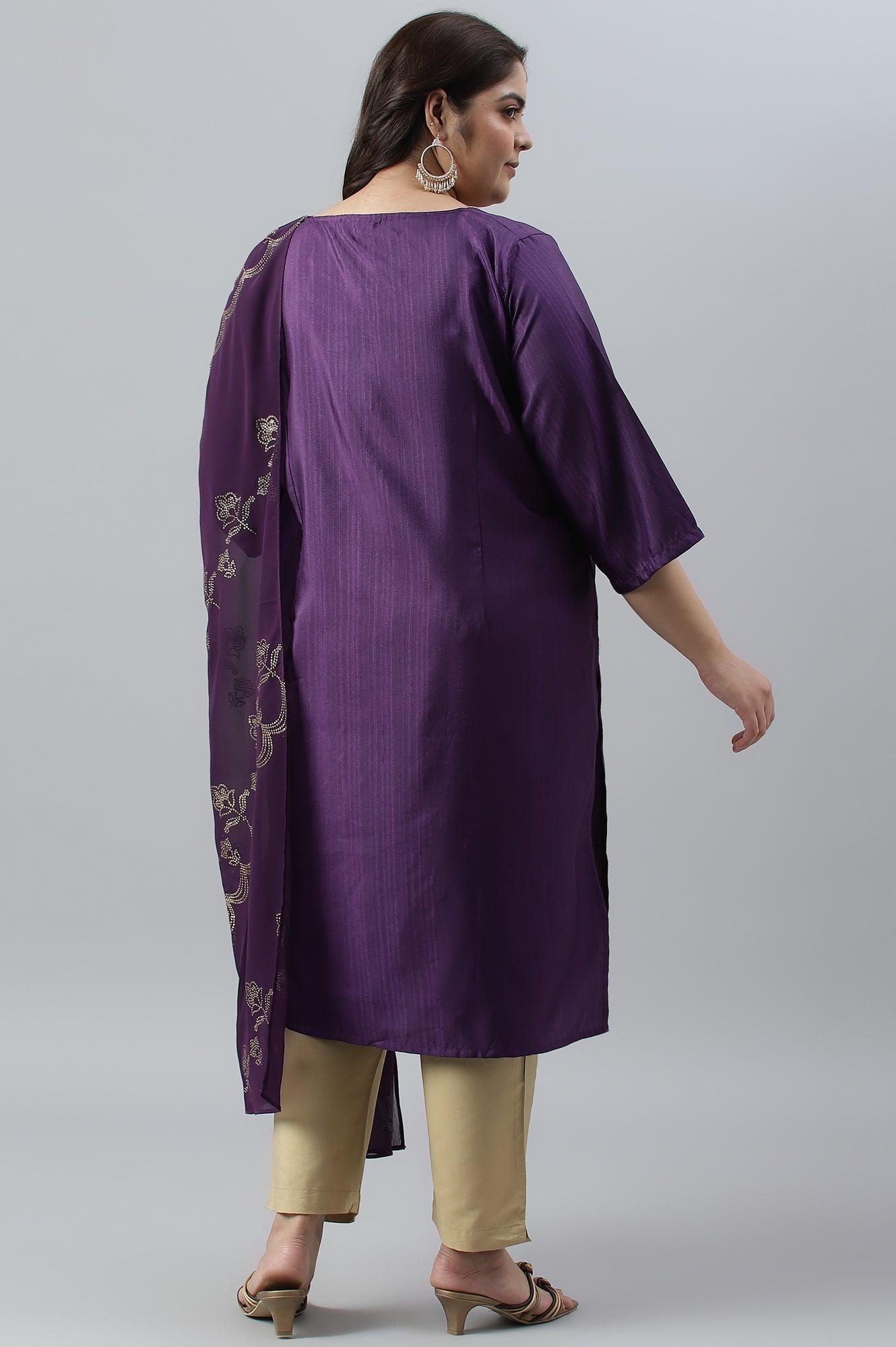 Pdeep Purple Karnatka Silk Plus Size kurta With Green Slim Pants And Mukaish Dupatta - wforwoman