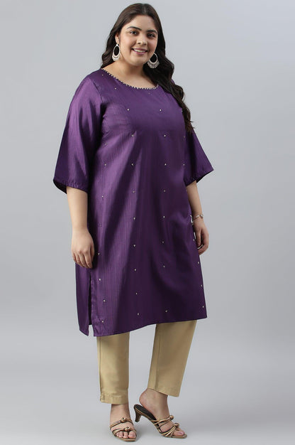 Pdeep Purple Karnatka Silk Plus Size kurta With Green Slim Pants And Mukaish Dupatta - wforwoman