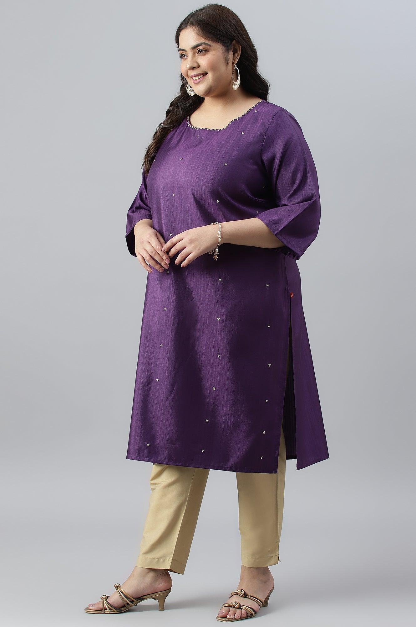 Pdeep Purple Karnatka Silk Plus Size kurta With Green Slim Pants And Mukaish Dupatta - wforwoman