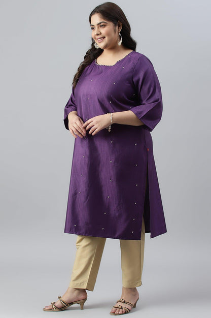 Pdeep Purple Karnatka Silk Plus Size kurta With Green Slim Pants And Mukaish Dupatta - wforwoman