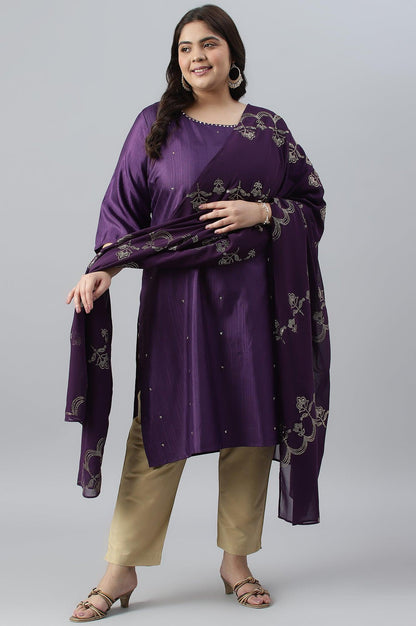Pdeep Purple Karnatka Silk Plus Size kurta With Green Slim Pants And Mukaish Dupatta - wforwoman