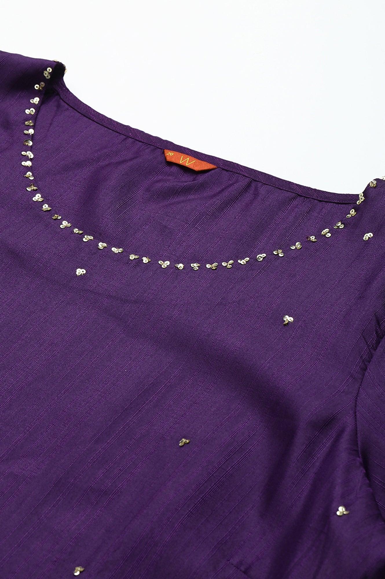 Pdeep Purple Karnatka Silk Plus Size kurta With Green Slim Pants And Mukaish Dupatta - wforwoman