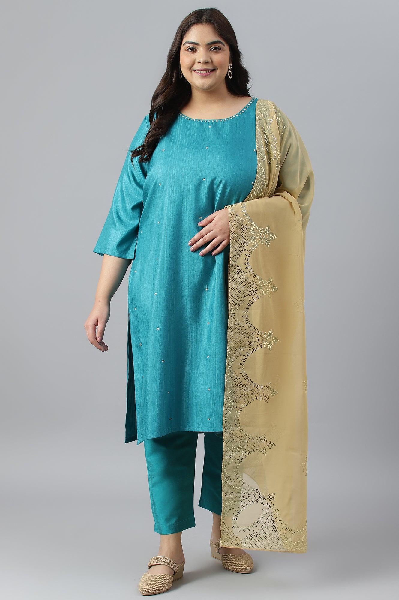 Plus Size Teal Green Karnatka Silk kurta With Slim Pants And Mukaish Dupatta - wforwoman