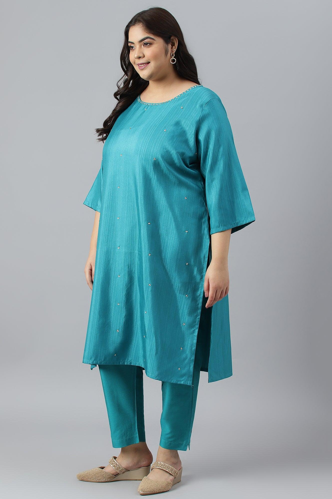 Plus Size Teal Green Karnatka Silk kurta With Slim Pants And Mukaish Dupatta - wforwoman