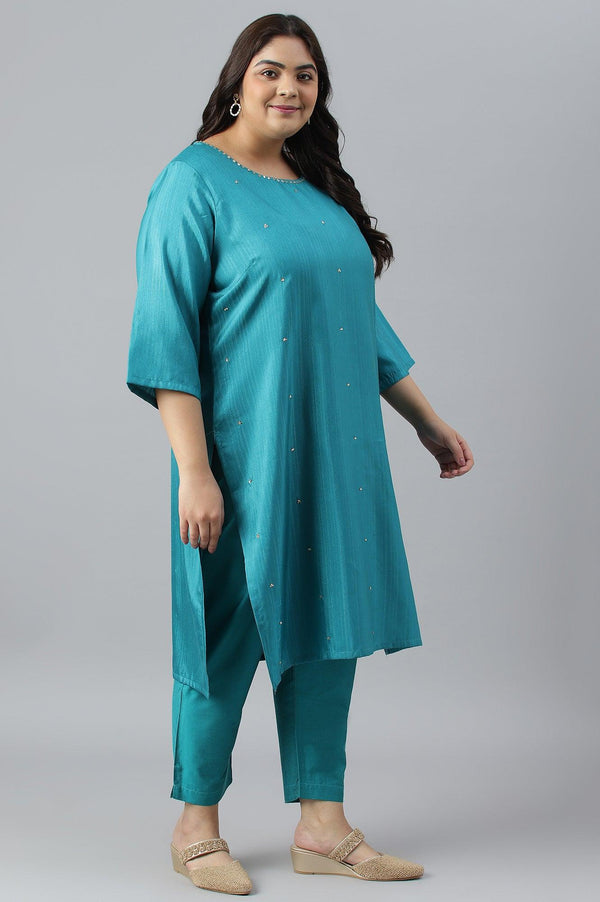 Plus Size Teal Green Karnatka Silk kurta With Slim Pants And Mukaish Dupatta