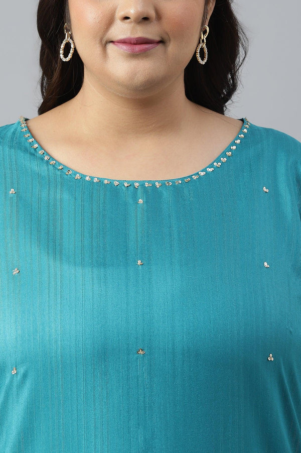 Plus Size Teal Green Karnatka Silk kurta With Slim Pants And Mukaish Dupatta