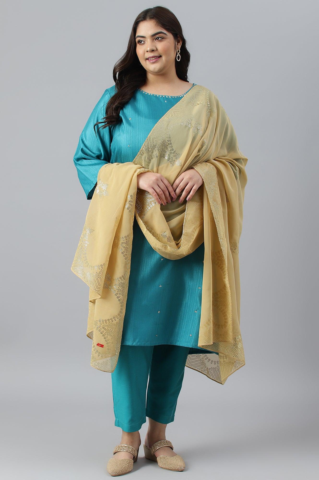 Plus Size Teal Green Karnatka Silk kurta With Slim Pants And Mukaish Dupatta - wforwoman