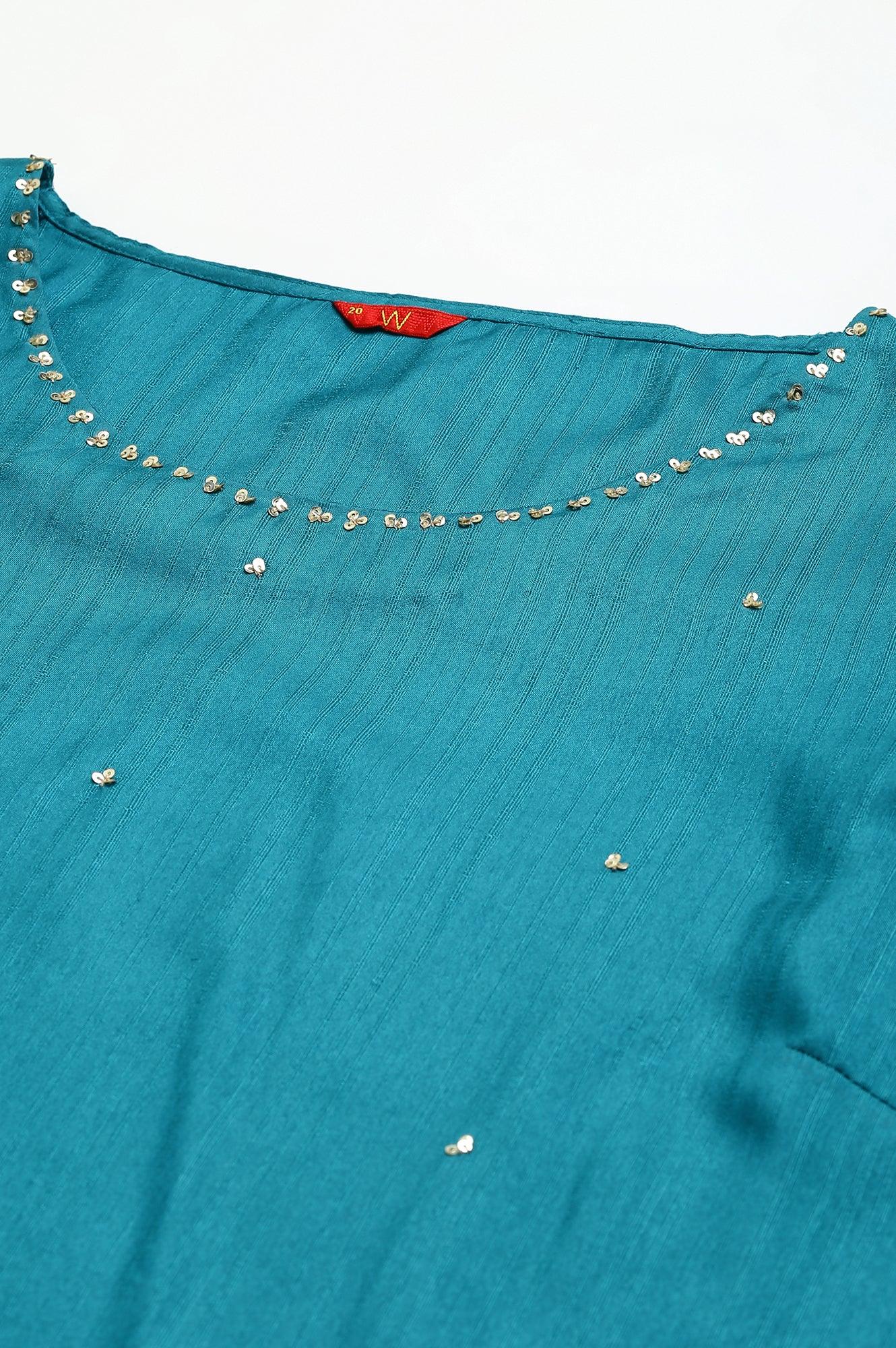 Plus Size Teal Green Karnatka Silk kurta With Slim Pants And Mukaish Dupatta - wforwoman