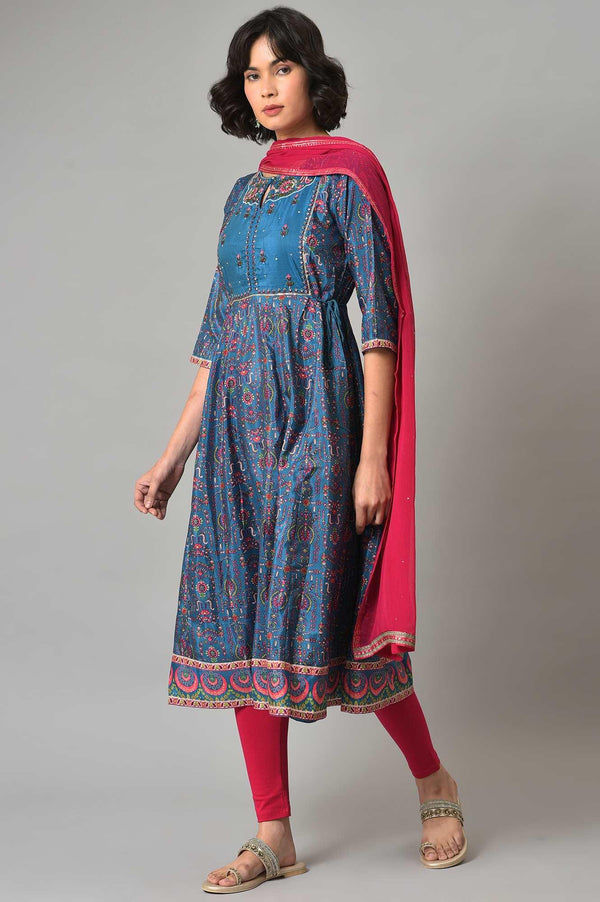 Dark Blue kurta With Pink Tights And Dupatta