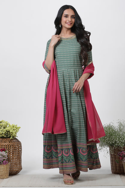 Green Glitter Printed Kalidar Dress And Dupatta Set