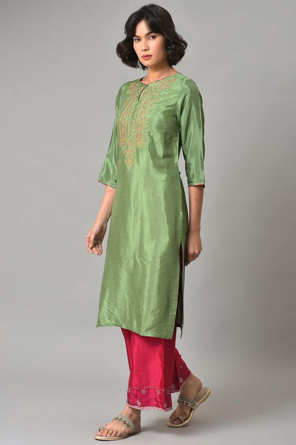 Dark Green Embroidered Festive kurta With Pink Parallel Pants