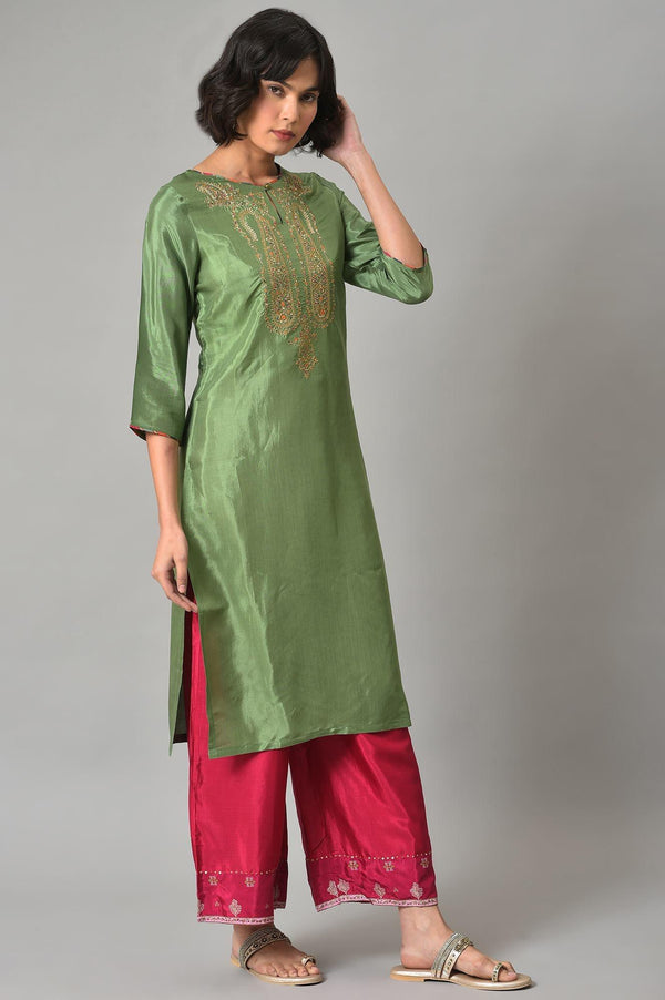 Dark Green Embroidered Festive kurta With Pink Parallel Pants