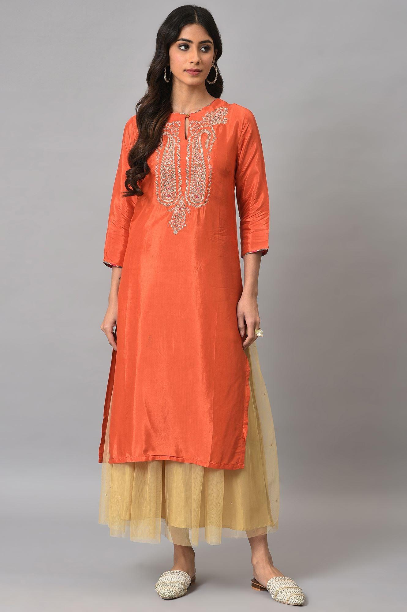 Orange Embroidered Festive kurta With Golden Mesh Skirt - wforwoman