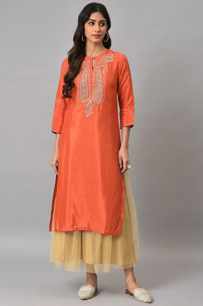 Orange Embroidered Festive kurta With Golden Mesh Skirt - wforwoman