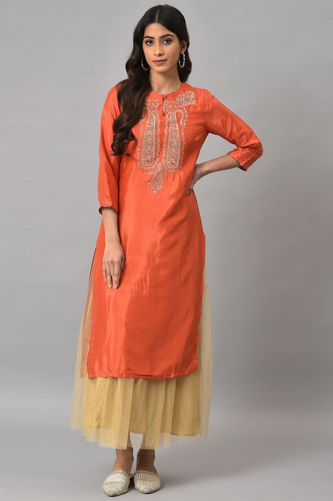 Orange Embroidered Festive kurta With Golden Mesh Skirt - wforwoman