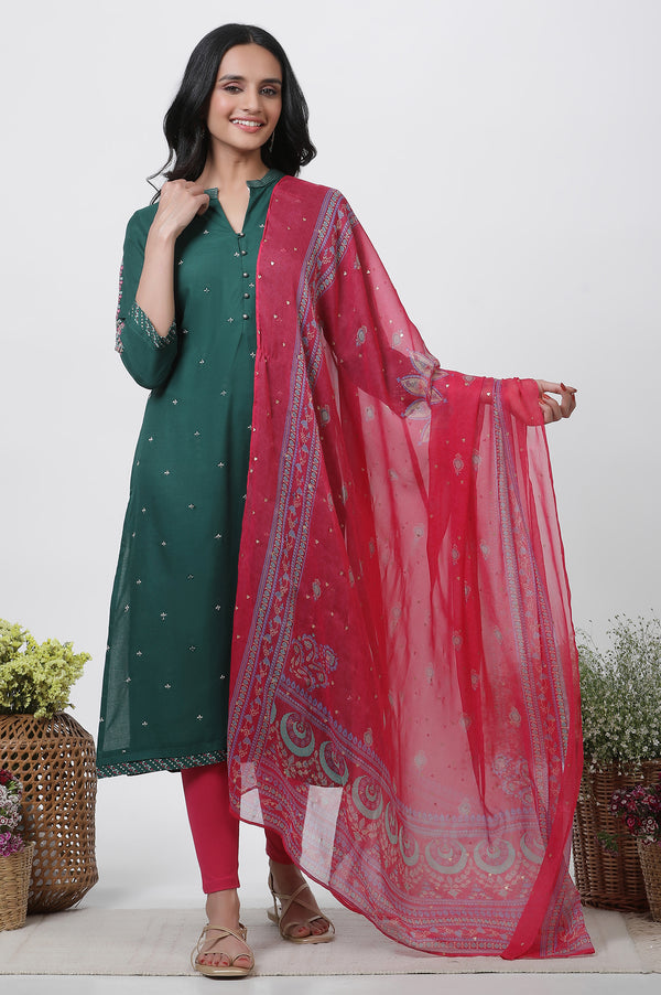 Green Embroidered Kurta, Tights And Dupatta Set