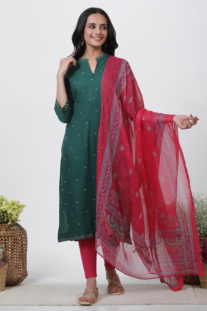 Green Embroidered Kurta, Tights And Dupatta Set