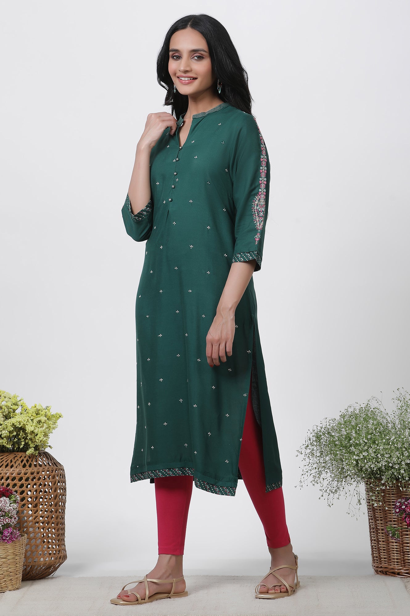 Green Embroidered Kurta, Tights And Dupatta Set