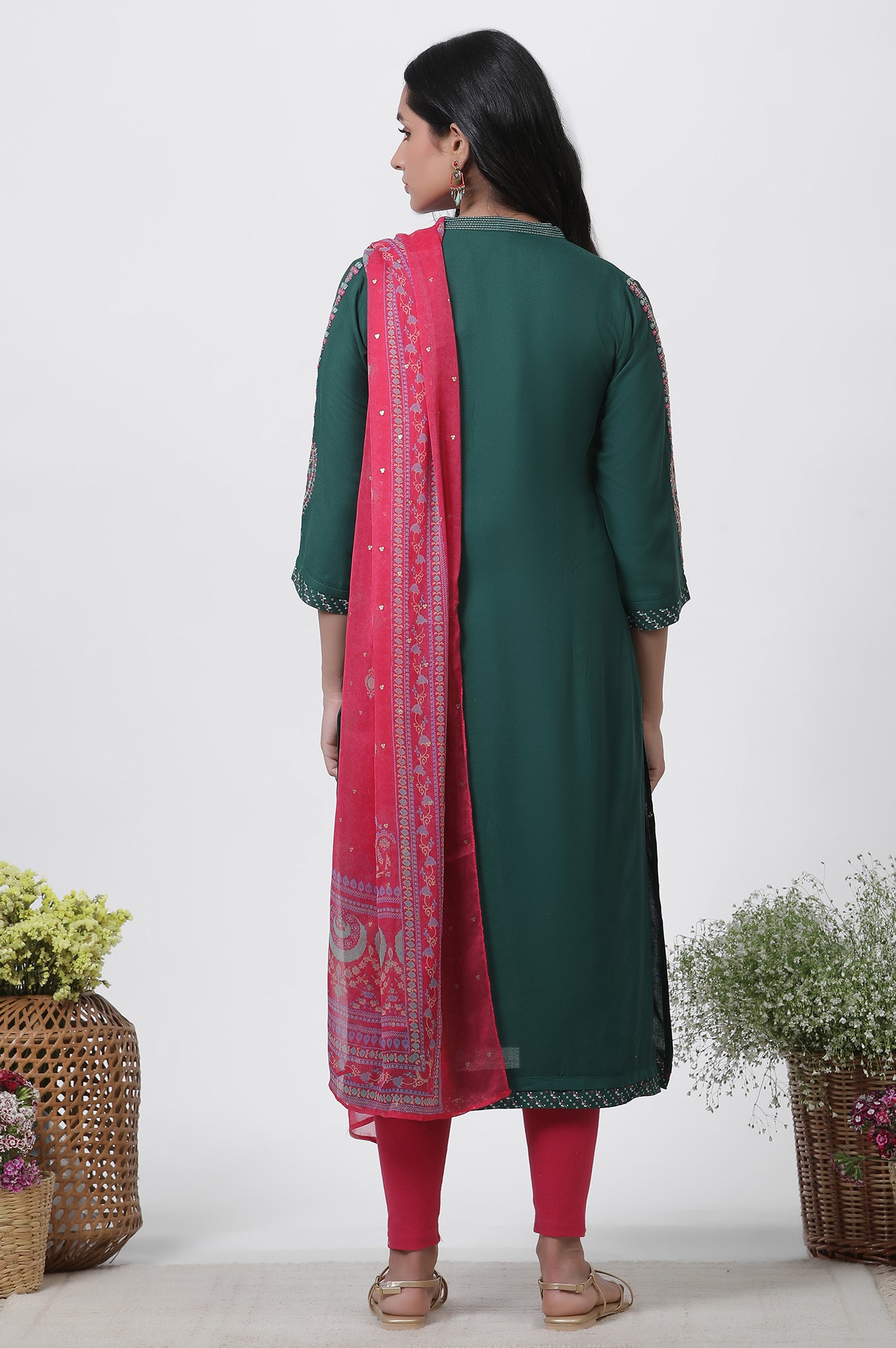 Green Embroidered Kurta, Tights And Dupatta Set