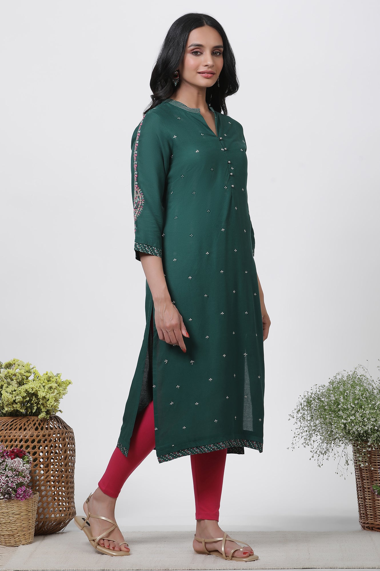 Green Embroidered Kurta, Tights And Dupatta Set