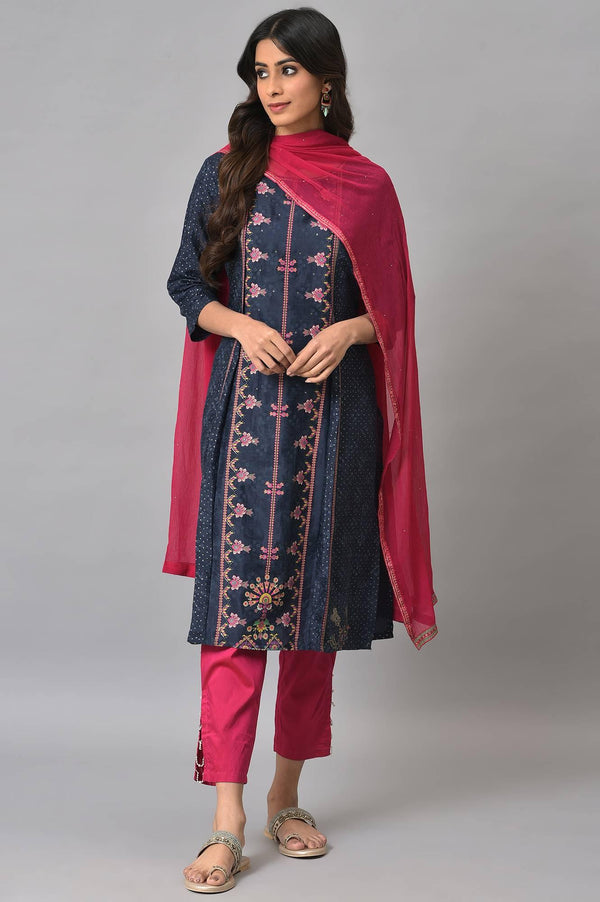 Royal Blue Mock Layered Festive kurta With Pink Slim Pants And Chiffon Dupatta