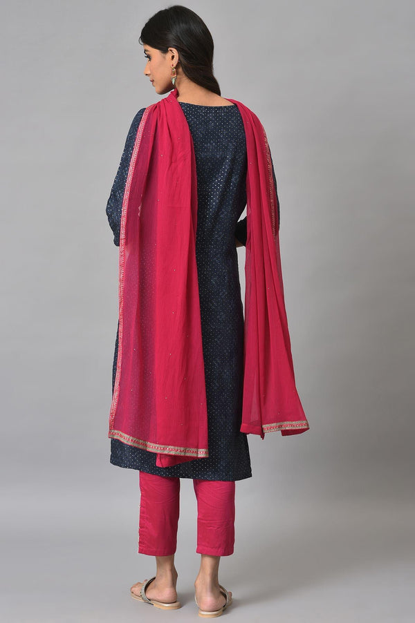 Royal Blue Mock Layered Festive kurta With Pink Slim Pants And Chiffon Dupatta