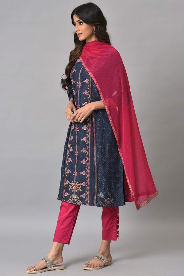Royal Blue Mock Layered Festive kurta With Pink Slim Pants And Chiffon Dupatta