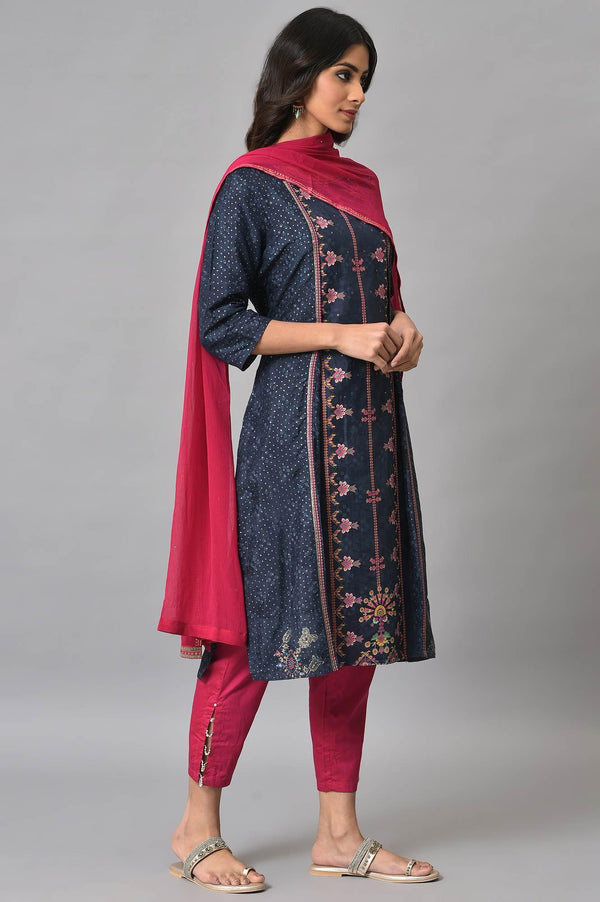 Royal Blue Mock Layered Festive kurta With Pink Slim Pants And Chiffon Dupatta