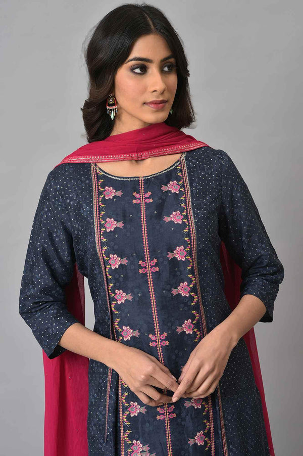 Royal Blue Mock Layered Festive kurta With Pink Slim Pants And Chiffon Dupatta