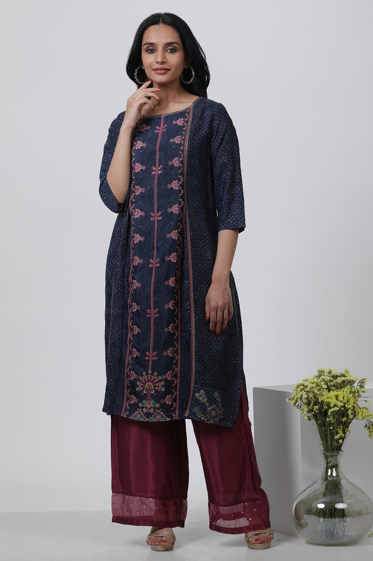 Blue Mock Layered Kurta And Parallel Pants Set - XS