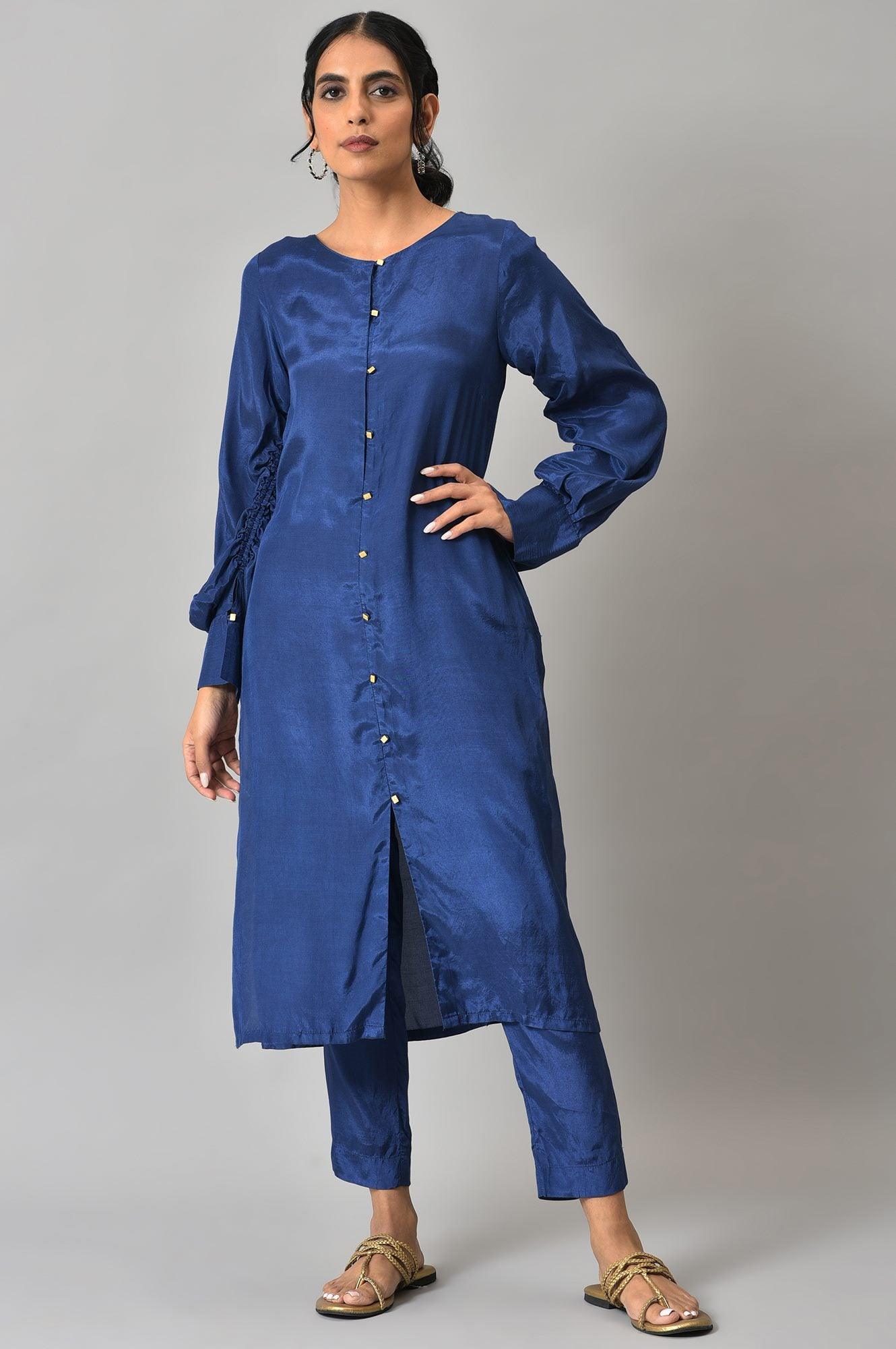 Cobalt Blue Solid kurta and Slim Pants Co-ord Set - wforwoman