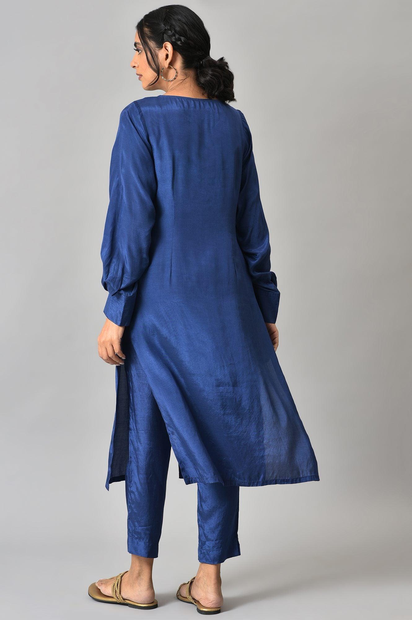 Cobalt Blue Solid kurta and Slim Pants Co-ord Set - wforwoman