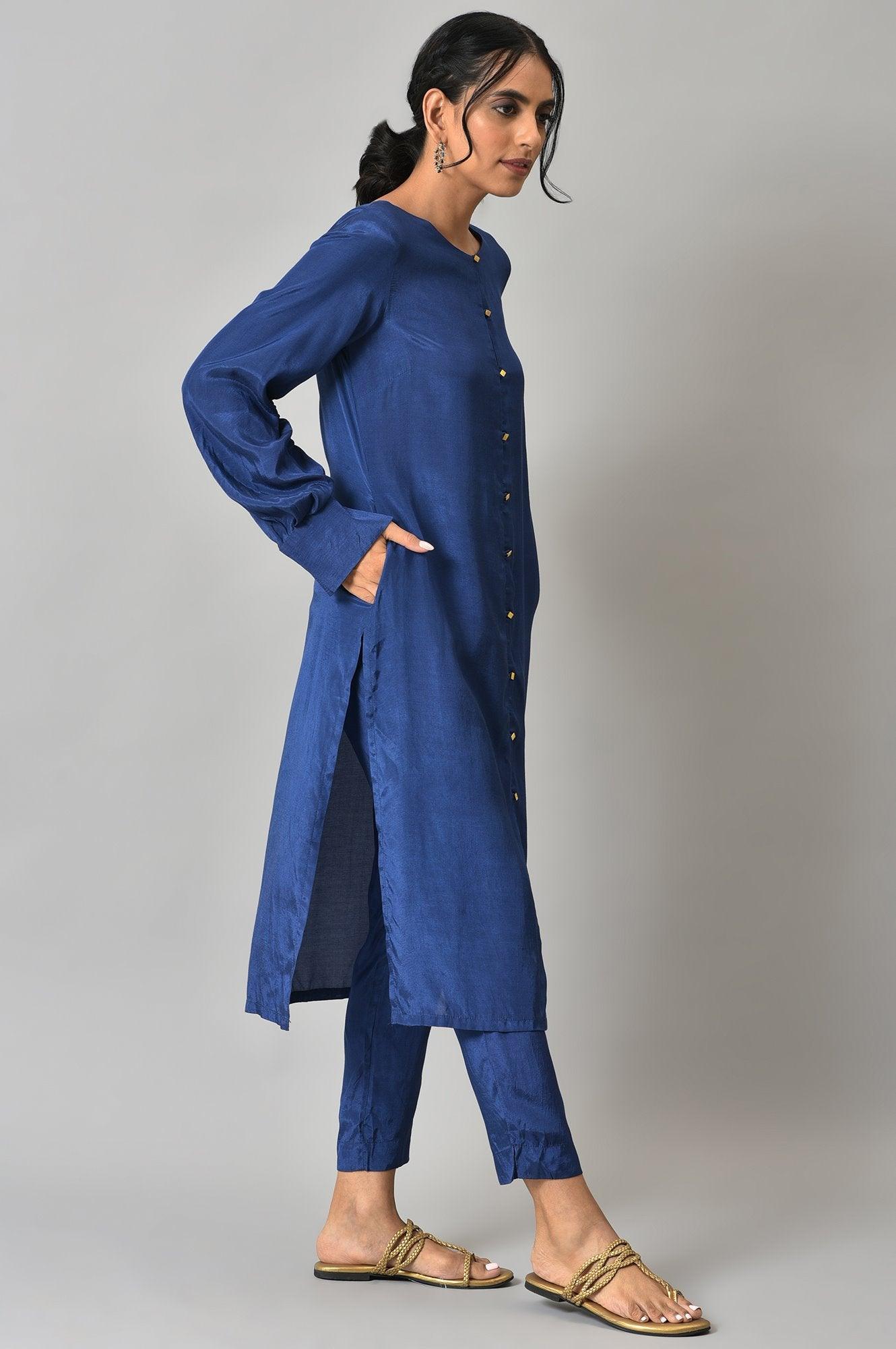 Cobalt Blue Solid kurta and Slim Pants Co-ord Set - wforwoman