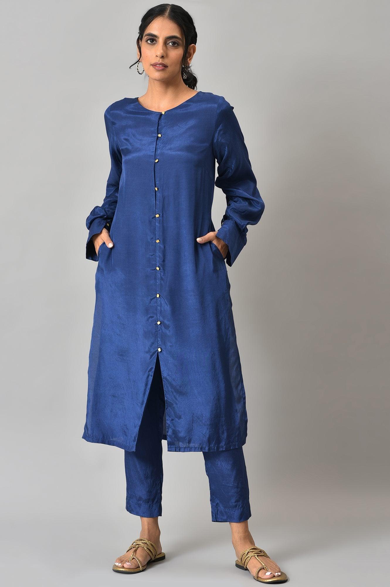 Cobalt Blue Solid kurta and Slim Pants Co-ord Set - wforwoman
