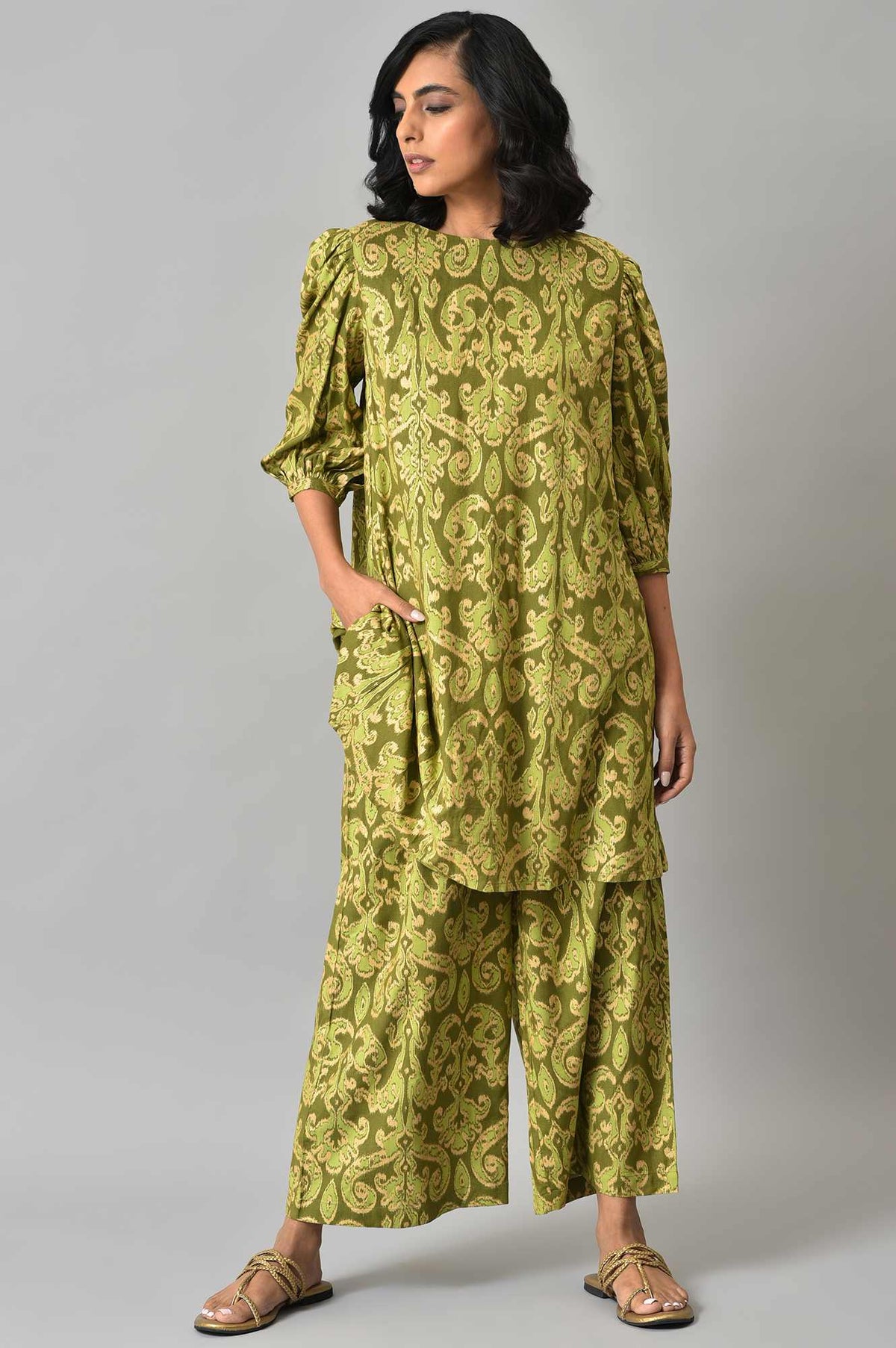 Green Ikkat Printed Tunic with Parallel Pants Co-ord Set - XS