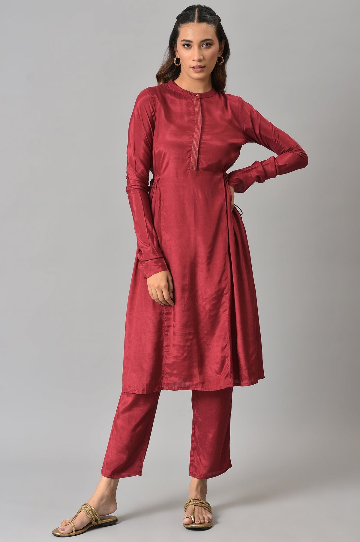 Dark Red Zari TopStitched Placket kurta with Straight Pants Co-ord Set - XS