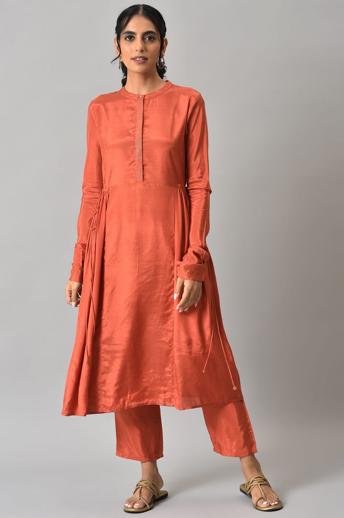 Orange Zari TopStitched Placket kurta with Straight Pants Co-ord Set - XS