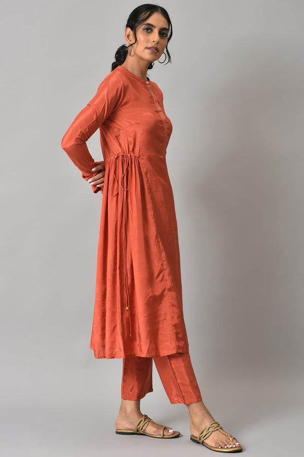 Orange Zari TopStitched Placket kurta with Straight Pants Co-ord Set