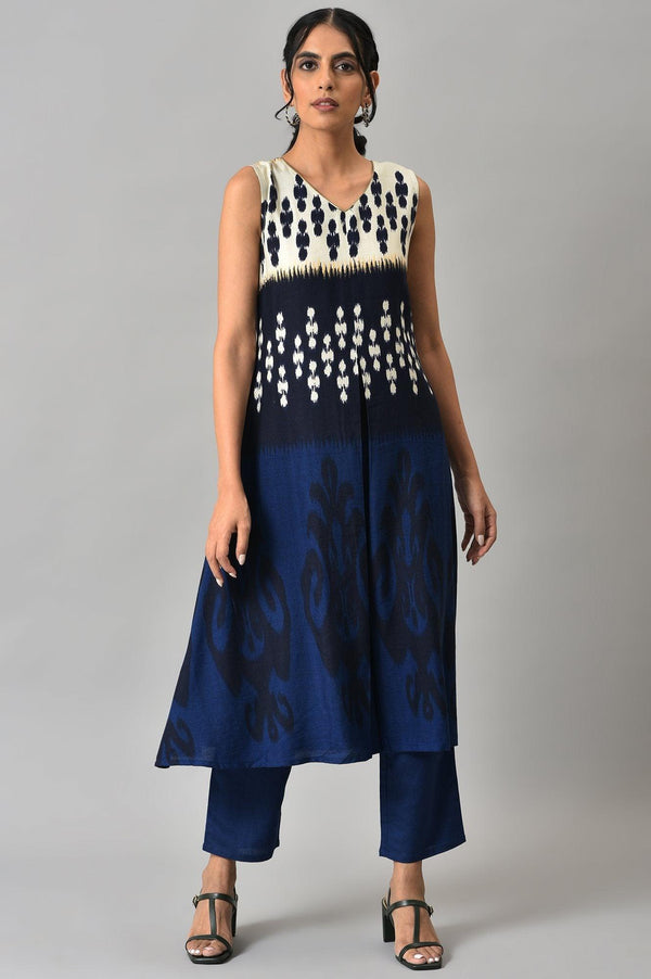Blue Sleeveless Ikkat Print Front Pleat kurta with Straight Pants Co-ord Set