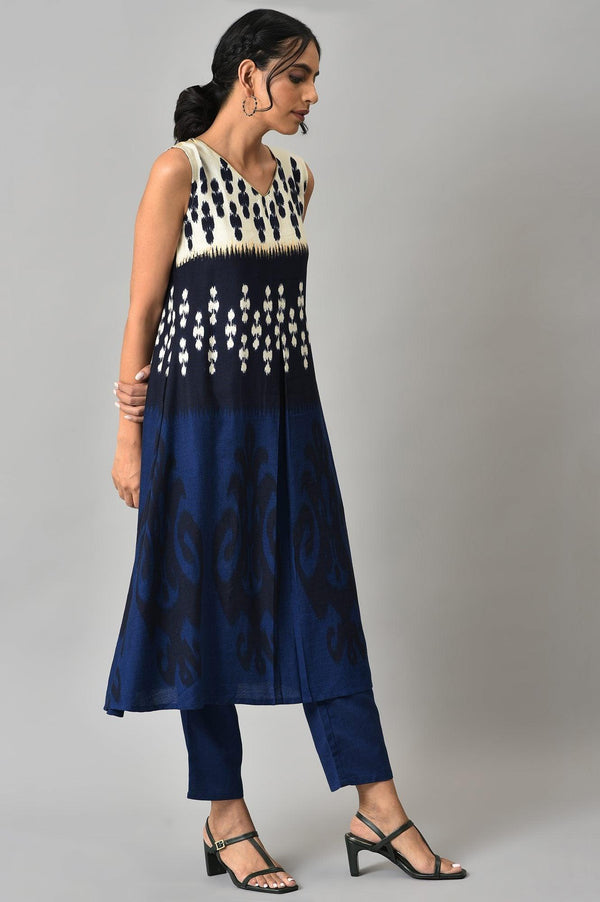Blue Sleeveless Ikkat Print Front Pleat kurta with Straight Pants Co-ord Set