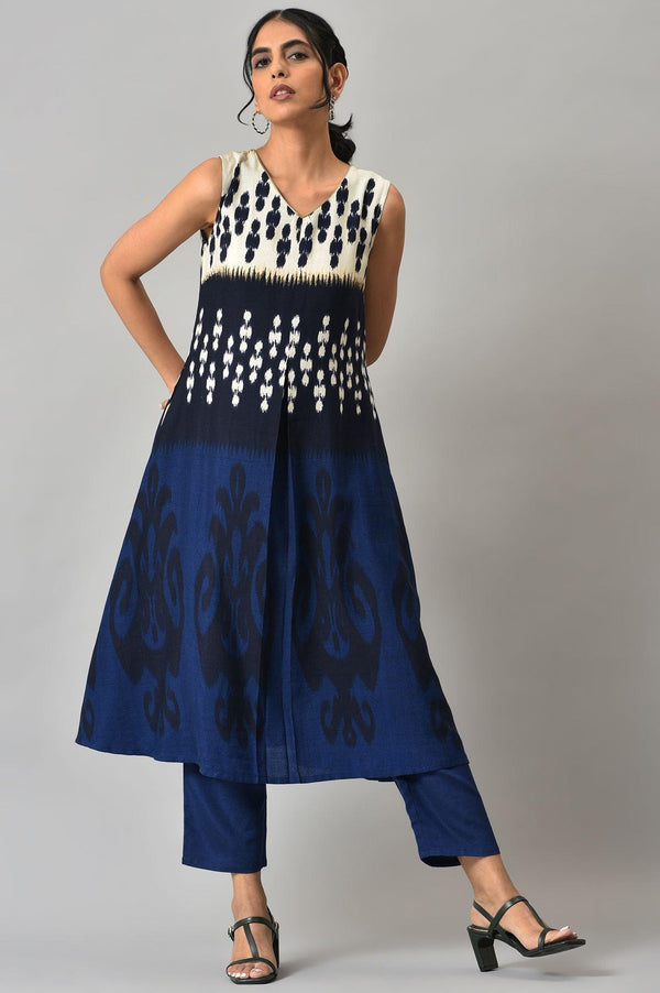 Blue Sleeveless Ikkat Print Front Pleat kurta with Straight Pants Co-ord Set