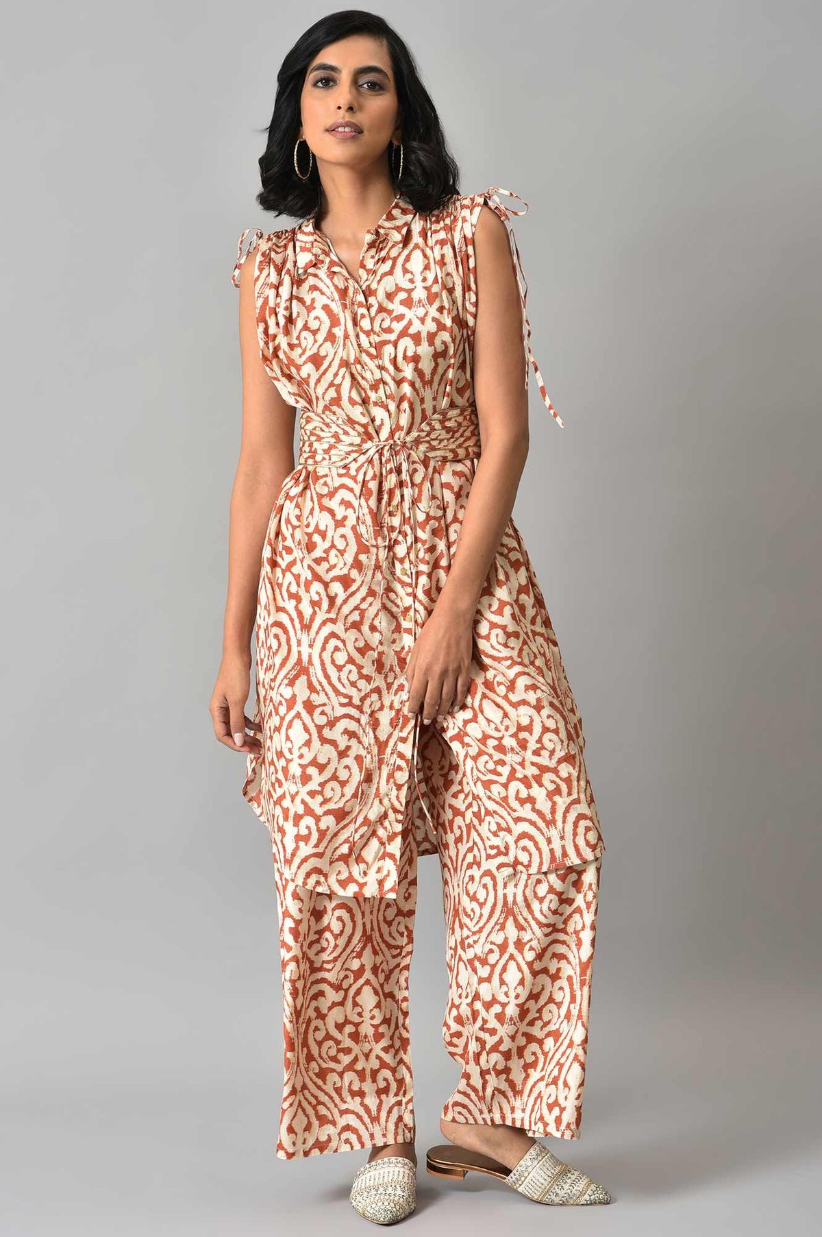 Orange Ikkat Printed Button Down kurta with Parallel Pants Co-ord Set - XS